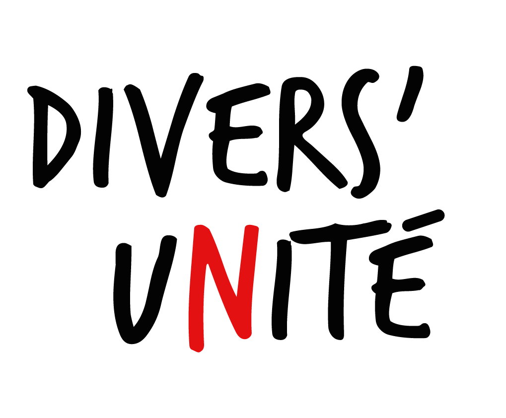 Divers' Unité logo. A black typeface with a hand-drawn appearance, the N is capitalized and the only letter in red.